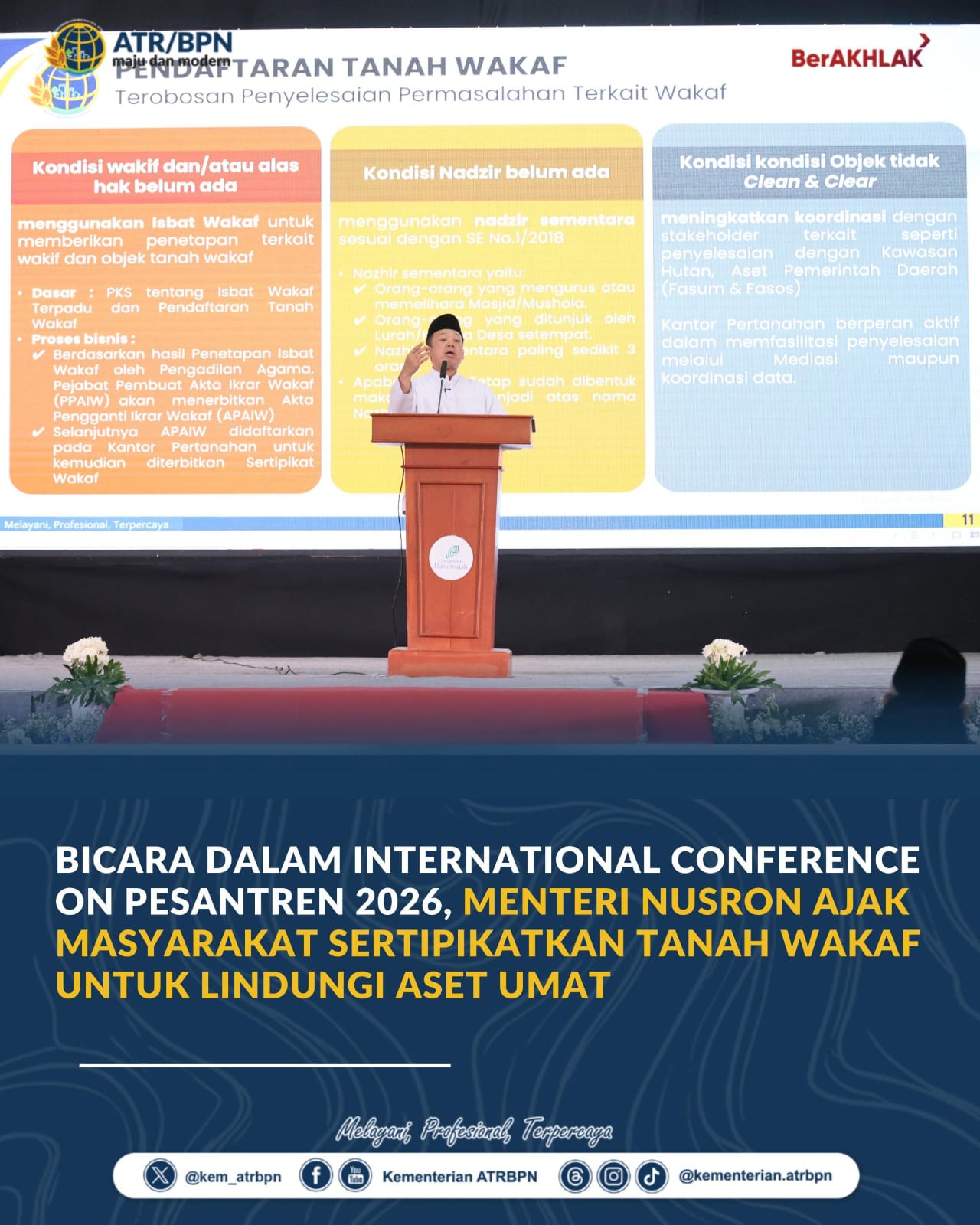 Bicara dalam International Conference on Pesantren 2026, Menteri Nusron Ajak Masyarakat Sertipikatkan Tanah